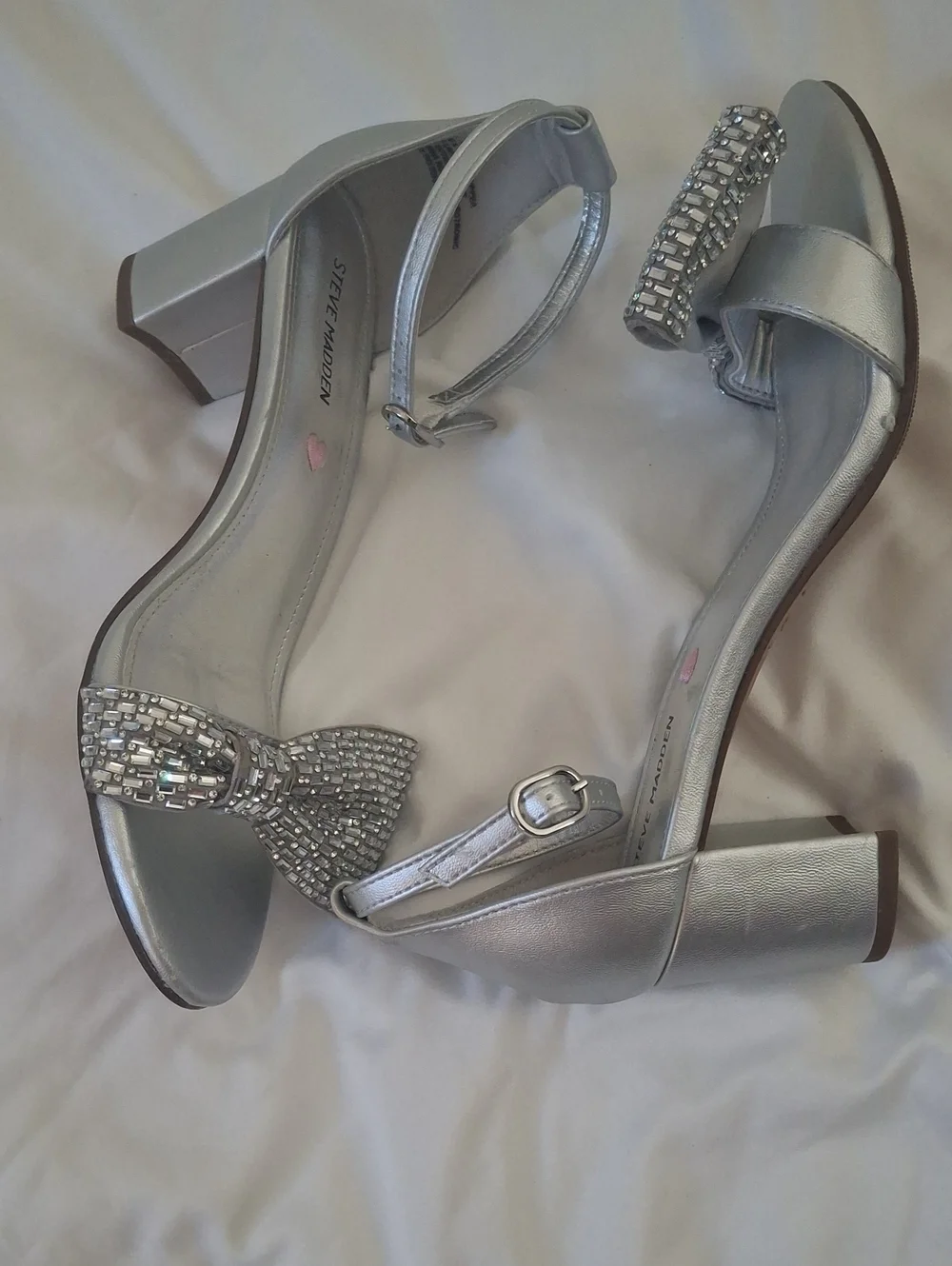 Steve Madden Silver Crystal Bow Ankle-Strap Heels